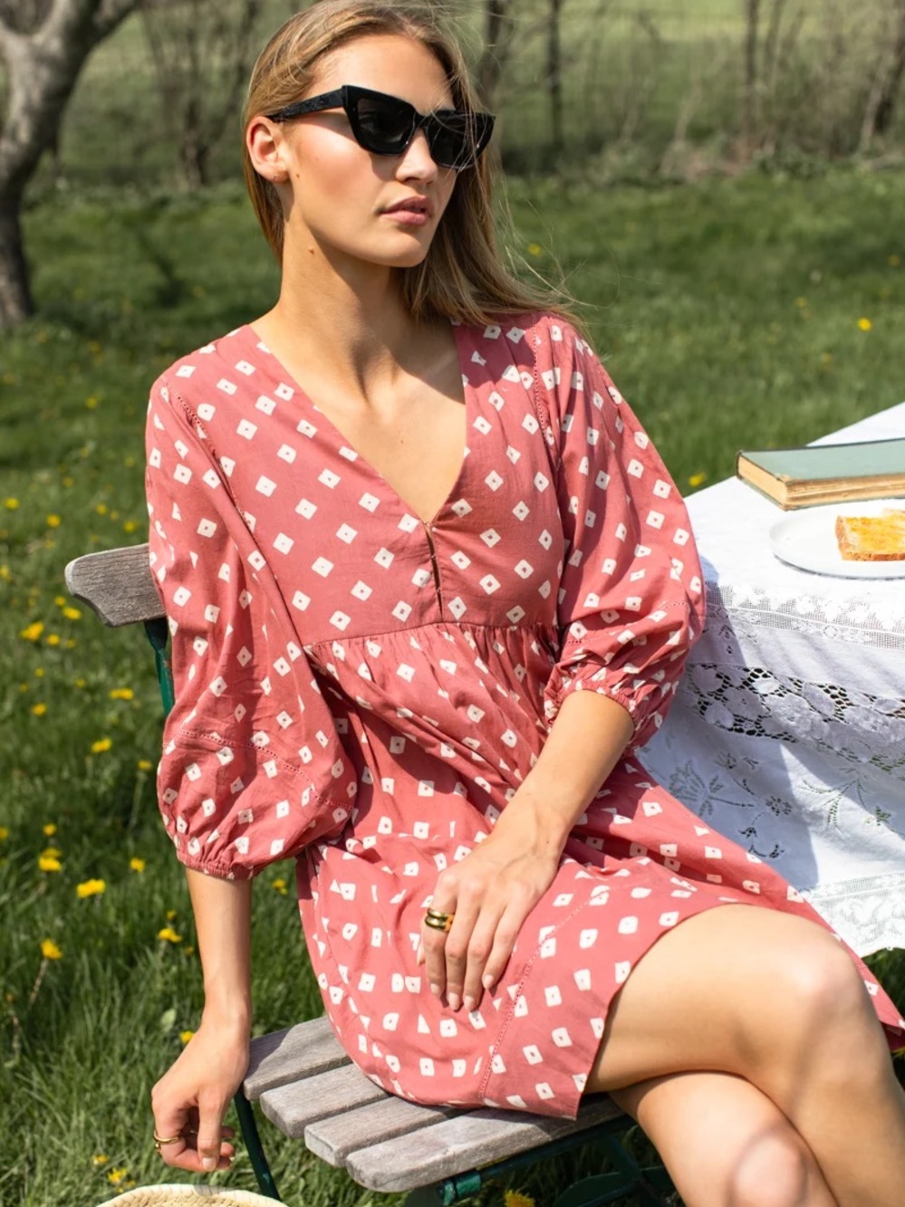 Women's Dusty Rose Printed V-Neck Smock Dress